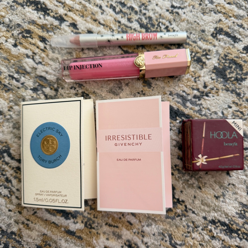Benefit Hoola & High Brow, Too Faced injection lip gloss, perfume samples